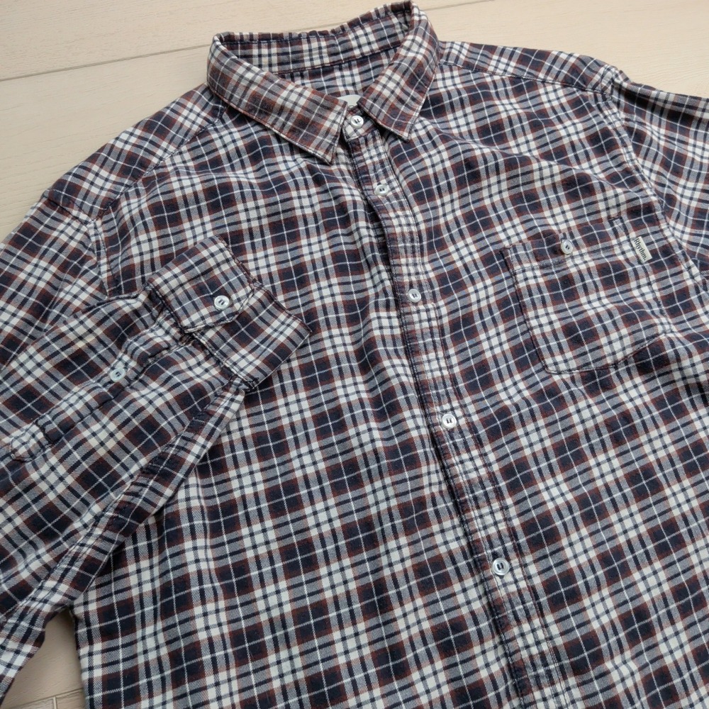 Rhythm Plaid Flannel Button Up Shirt Mens XL Navy Burgundy White Long Sleeve